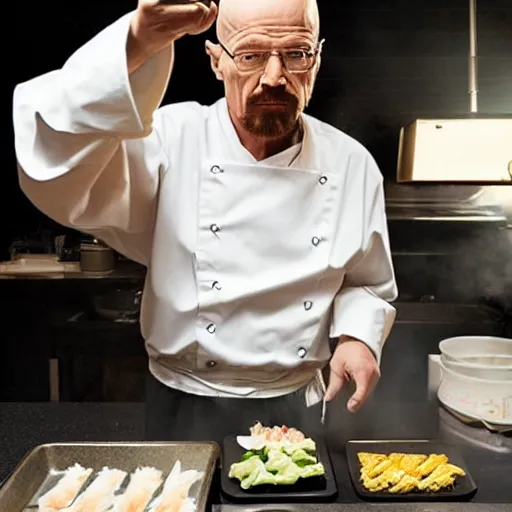 Prompt: photo of Walter white cooking sushi wearing a maid costume
