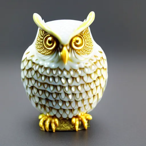 Image similar to gorgeous ornated snow white porcelain realistic detailed sacred owl natsuke with golden filigree carved out of ivory