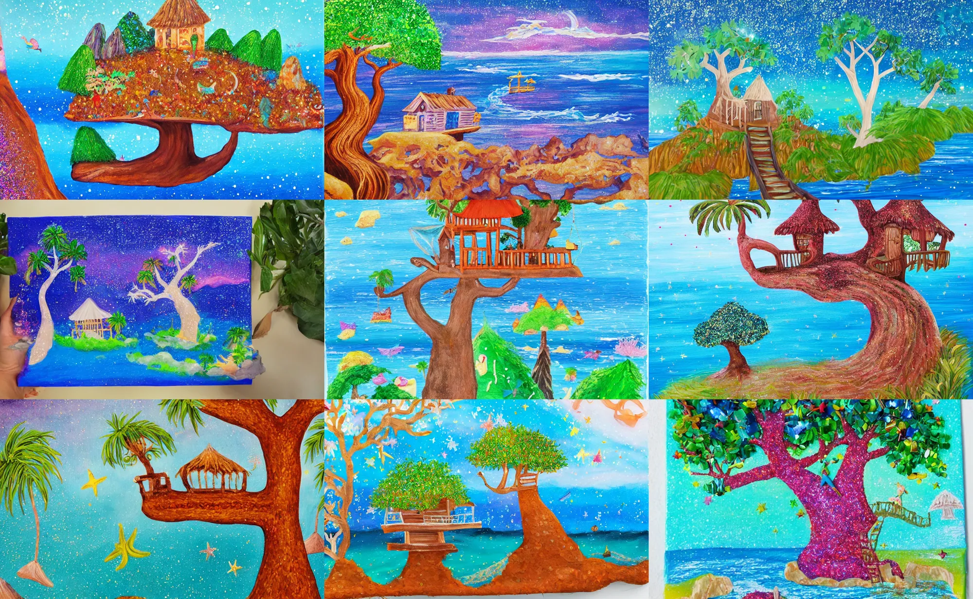 Prompt: glitter glue painting of a mystical island treehouse on the ocean