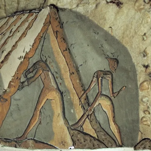 Image similar to cave painting of aliens building the pyramids