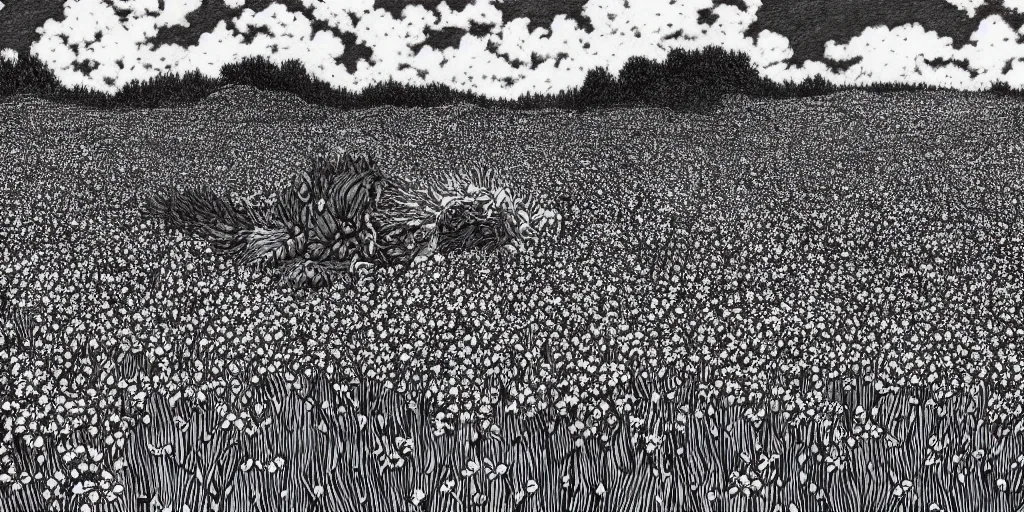 Prompt: Guts in a serene flower field by Kentaro Miura, highly detailed, black and white