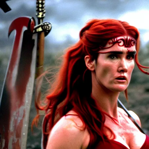 Image similar to jennifer connelly as red sonja, battle scene