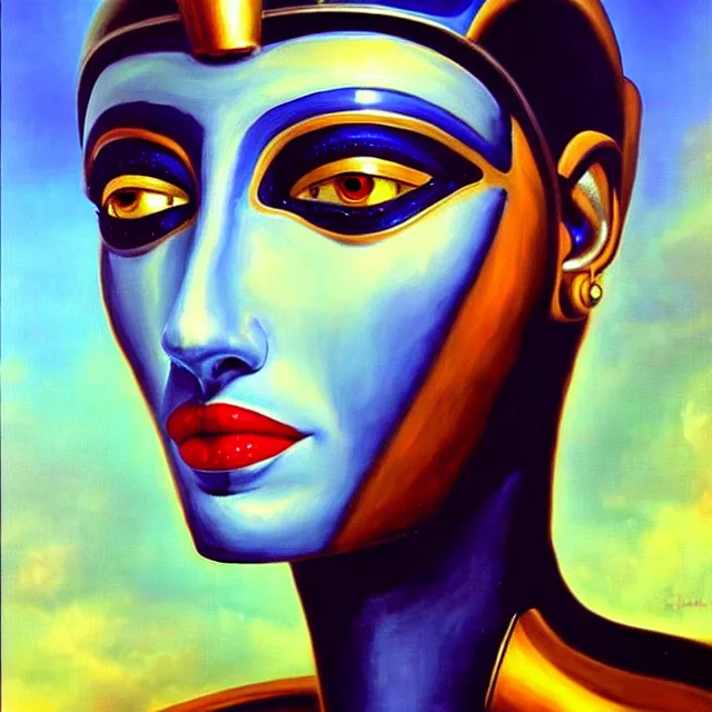 Image similar to a beautiful painting cyberpunk robot queen of egypt face, by salvador dali realistic oil painting