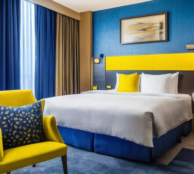 Image similar to a 4 k photorealistic photo hotel room picture of a luxury blue and yellow hotel room suite