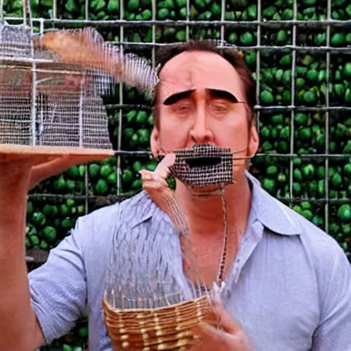 Image similar to nicolas cage trapped in a wicker cage with peas on his face, dying