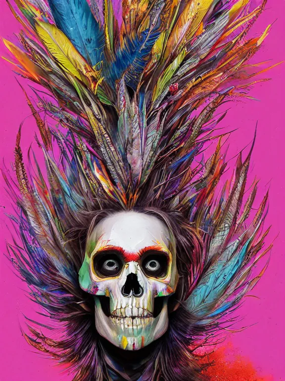 Image similar to art portrait of skeleton with colorful feathers exploding out of head,8k,by tristan eaton,Stanley Artgermm,Tom Bagshaw,Greg Rutkowski,Carne Griffiths,trending on DeviantArt,face enhance,hyper detailed,minimalist,full of colour