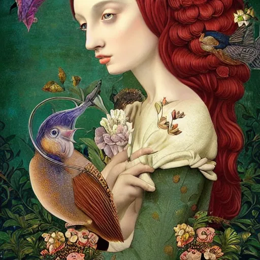 Prompt: a detailed intricate portrait of young woman in renaissance dress and a surreal renaissance headdress, very surreal garden, cyberpunk, filigree, surreal tea party, birds, nature, strange creatures, by christian schloe and botticelli, naotto hattori, amy sol, roger dean, moody colors