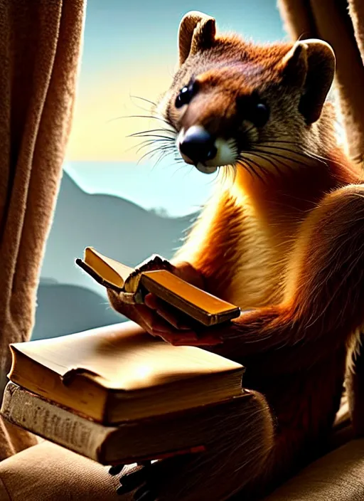 Prompt: A beautiful scene from a 2022 sci-fi film featuring a humanoid pine marten in loose clothing reading an ancient book on a couch. An anthropomorphic pine marten wearing a white shirt. Golden hour.