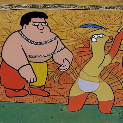 Image similar to mesopotamian artwork portraying peter griffin fighting a giant chicken, very detailed, very intricate,