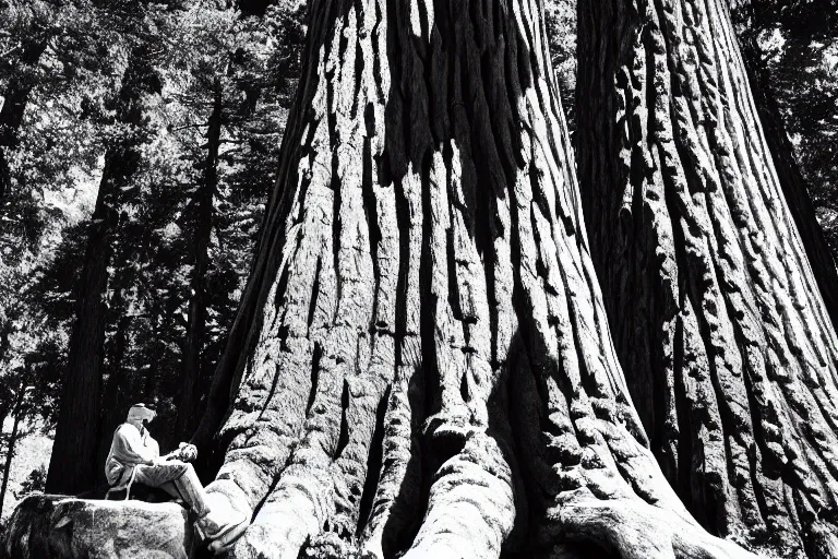 Image similar to a small figure of a man sitting under giant sequoia tress, tranquil, silent, solemn, photo realistic, minimalist