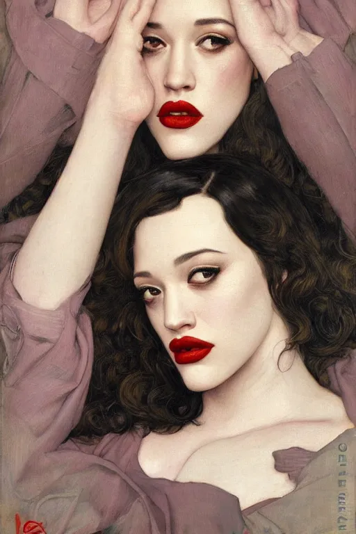 Prompt: A Pulp Noir book cover featuring a stunning portrait of featuring Kat Dennings looking at camera, medium close up, by edgar maxence, artgerm, guweiz