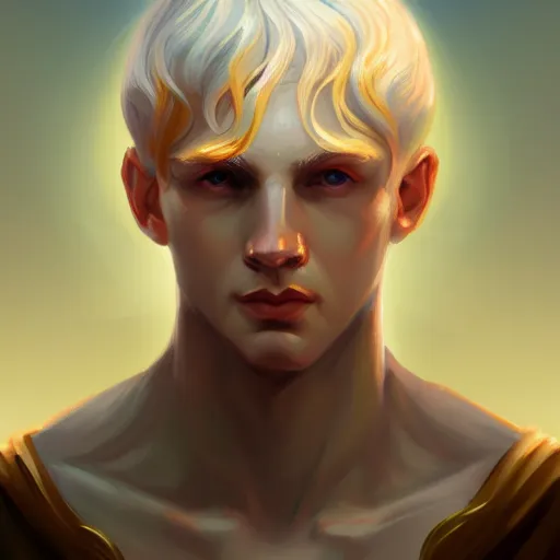 Image similar to Lucius the pale blond androgynous god of the sun, highly detailed, digital painting, artstation, concept art, soft light, sharp focus, illustration