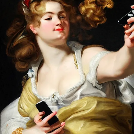 Image similar to heavenly summer sharp land sphere scallop well dressed lady taking a selfie with her iphone auslese, by peter paul rubens and eugene delacroix and karol bak, hyperrealism, digital illustration, fauvist, iphone