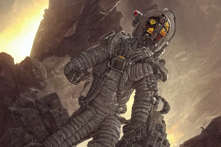 Prompt: dead Space themed Astronaut standing by jagged alien ruins, Industrial Scifi, detailed illustration, Chiaroscuro, concept art, by Martin Grip and Moebius