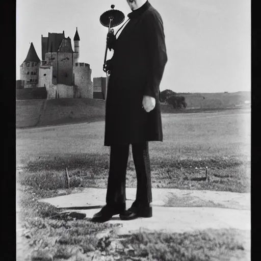 Image similar to vintage photograph of count orlok outside his castle, playing the blues on banjo, castle in the background, 4 k