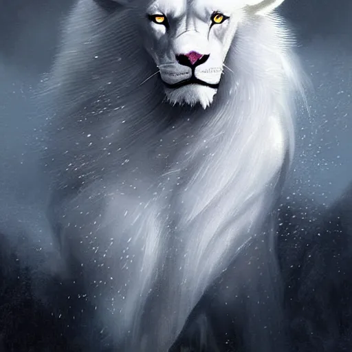 Prompt: anthropomorphic male muscular albino white lion, wearing beautiful game of thrones outfit, darkness aura, fantasy, mysterious low key lighting, winter blizzard atmosphere, high contrast portrait, character design by charlie bowater, ross tran, artgerm, and makoto shinkai, detailed, inked, western comic book art, 2 0 2 1 award winning film poster paintingy