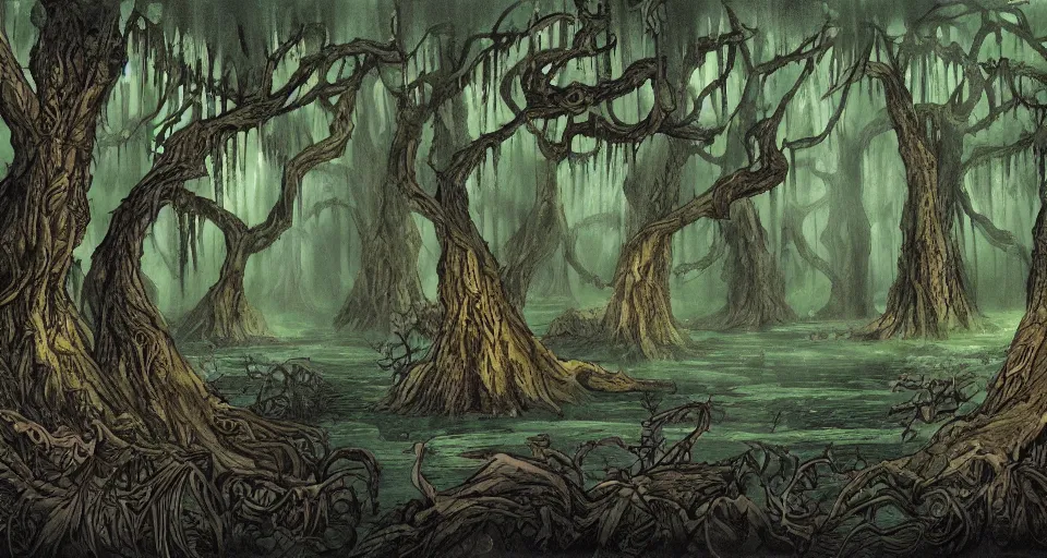 Image similar to A dense and dark enchanted forest with a swamp, by don bluth