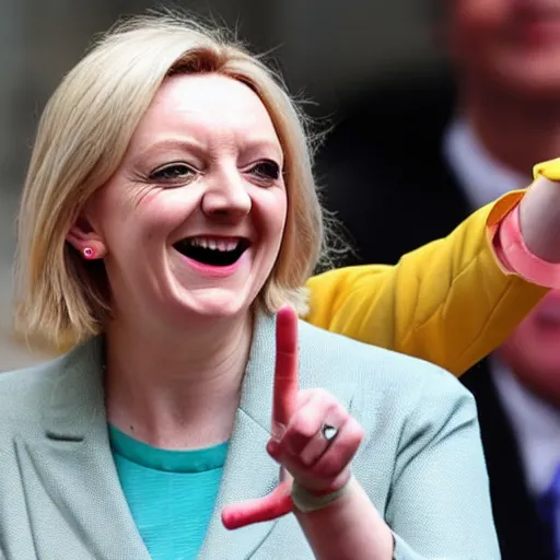 Prompt: liz truss pointing at poor people and laughing, photorealistic