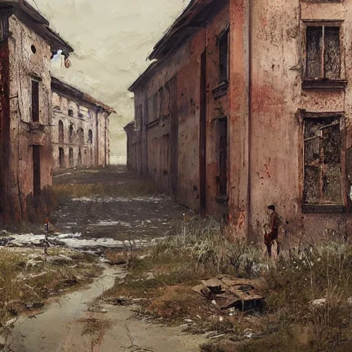 Image similar to painting of a abandoned post soviet town infested with humanoid root monsters by jakub rozalski