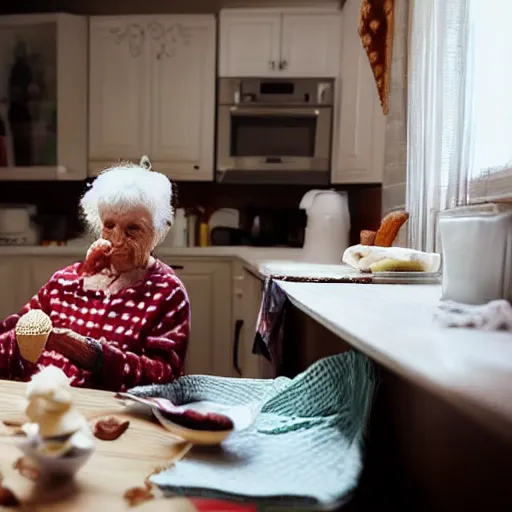 Prompt: the faceless old woman who secretly lives in your home eating ice cream at the kitchen table in the dark, detailed, realistic