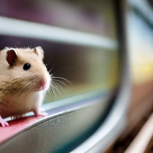 Image similar to detailed photo of a hamster sitting in a train, various poses, full body, unedited, daylight, dof, sharp focus, 8 k