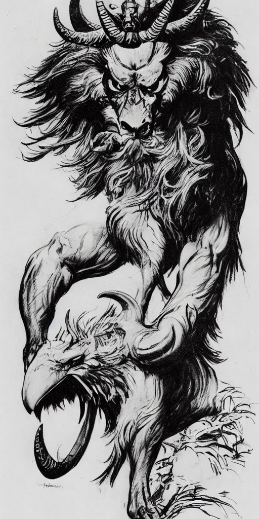 Image similar to a creature with the body and eyes of a man, with the beak of an eagle, the mane of a lion, and the horns of an ox. drawn by frank frazetta