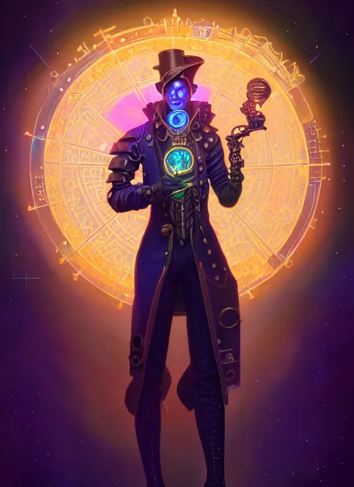 Image similar to a male steampunk faceless glowing liquefied stardust adventurer, dnd fantasy character, full body portrait, glowing neon skin, magical aura, ultra realistic, intricate, elegant, highly detailed, digital painting, artstation, smooth, sharp, focus, illustration, art by artgerm and greg rutkowski and alphonse mucha and dan mumford, sacred geometry, psychedelic