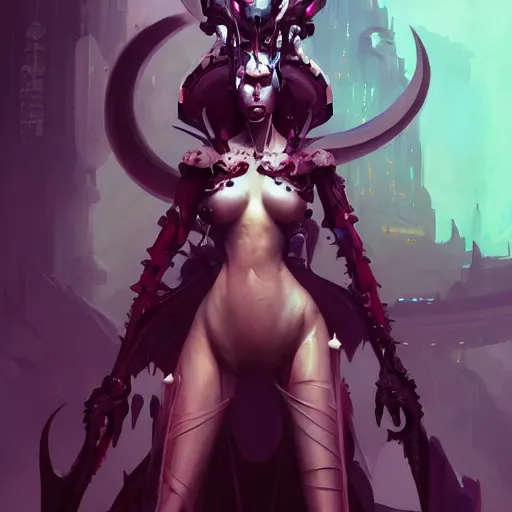 Image similar to a portrait of a beautiful demonic cybernetic duchess of hell, cyberpunk concept art by pete mohrbacher and guweiz and wlop and artgerm and josan gonzales and syd mead, digital art, artstation, deviantart, pinterest, unreal engine, sharp focus, 4 k uhd image