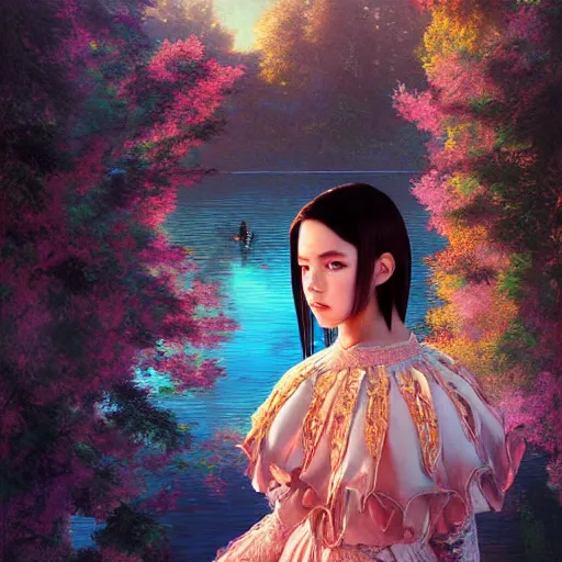 Image similar to nicolas cage as a beautiful young girl in intricate clothing by ross tran, walking in a castle, lake painted by sana takeda, rtx reflections, very high intricate details, painting, digital anime art, medium shot, mid - shot, composition by ilya kuvshinov, lighting by greg rutkowski