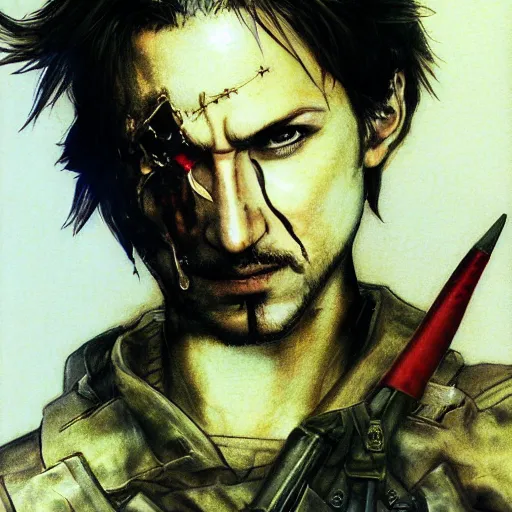 Image similar to portrait of a hero holding his sword in front of his face by yoji shinkawa, high quality, extra details, realism, ornate, colored, golden chain, blood, white skin, short hair, brown eyes, vivid, sunlight, dynamic, american man, freedom, white american soldier, pencil art