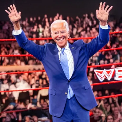 Prompt: Joe Biden in WWE costume, standing in ring, high quality photograph