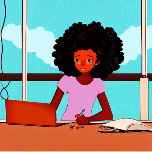 Image similar to black girl, curly hair, with headphones, studyng in bedroom, window with rio de janeiro view, lo-fi illustration style, digital art, alive colors