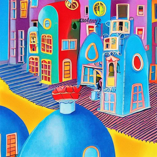 Prompt: fanciful city filled with curvy buildings, colorful kids book illustration by dr seuss, platforms, towers, bridges, stairs