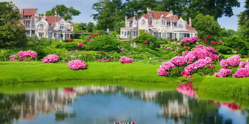 Prompt: summer manor with peony flowers and lake, bokeh