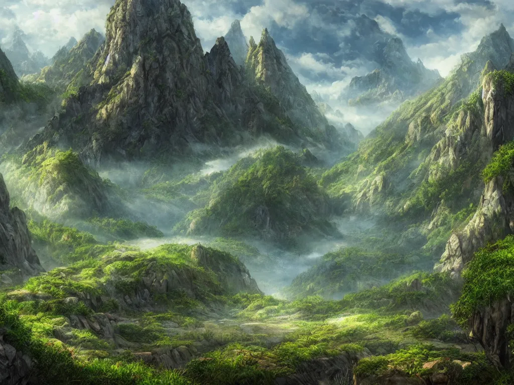 Image similar to a beautiful photorealistic picture of a valley from a fantasy world, inside which are beautiful nature, magnificent trees grow in the valley and mighty mountains in the background, highly detailed