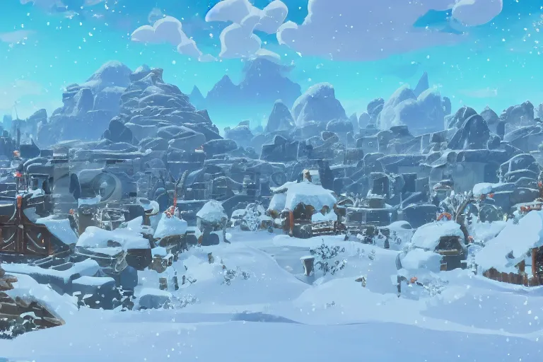 Image similar to snowy Landscape and a village in the background in the style of zelda breath of the wild