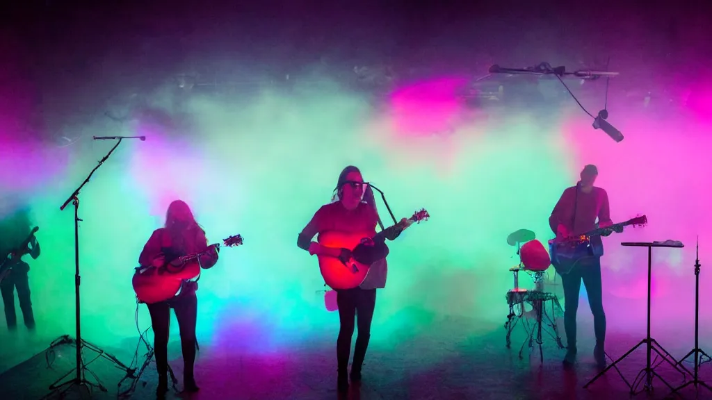 Prompt: a music stage with instruments, drums, colored spot lights cut through the fog by greta socha and pablo dominguez.