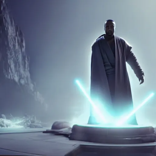 Image similar to Movie still of Kanye West as a jedi in Star Wars, splash art, cinematic lighting, dramatic, octane render, long lens, shallow depth of field, bokeh, anamorphic lens flare, 8k, hyper detailed, 35mm film grain