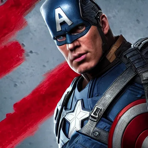 Image similar to donald trump as captain america in gears of war, splash art, maga, patriot, detailed face, movie still, cinematic lighting, dramatic, glowing, ray tracing, octane render, long lens, shallow depth of field, bokeh, anamorphic lens flare, 8 k, hyper detailed, 3 5 mm film grain