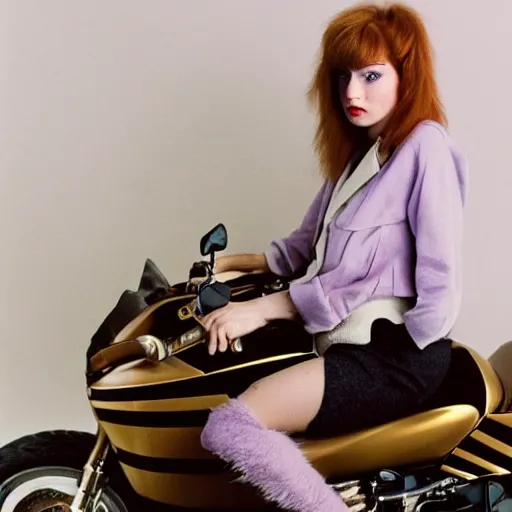 Image similar to a photo by arbus of a slender beautiful woman with straight ginger hair and bangs, wearing purple leathers and gold helmet, posing with large ginger tabby and raccoon on a motorcycle in her front yard, holding coffee mug and toasted brioche bun, fashion photography, dramatic lighting, 8 5 mm lens