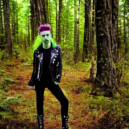 Prompt: Punk rocker with spike hair in a green boreal forest