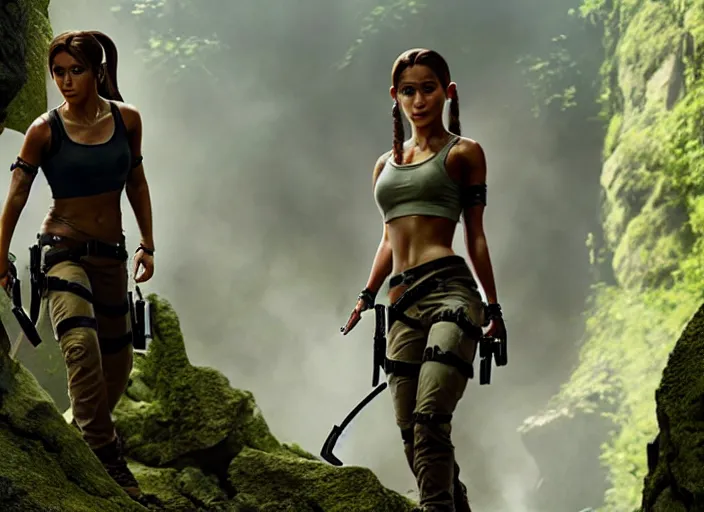 Prompt: film still of!!!! ariana grande!!! as lara croft in new tomb raider movie, 8 k