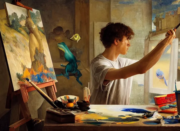 Image similar to a young painter in his studio painting a picture of a colourful pokemon, by edgar maxence and caravaggio and michael whelan and delacroix style, artistic, intricate drawing, cinematic lighting, hyper realistic, extremely detailed, establishing shot, 8 k resolution, dramatic lighting