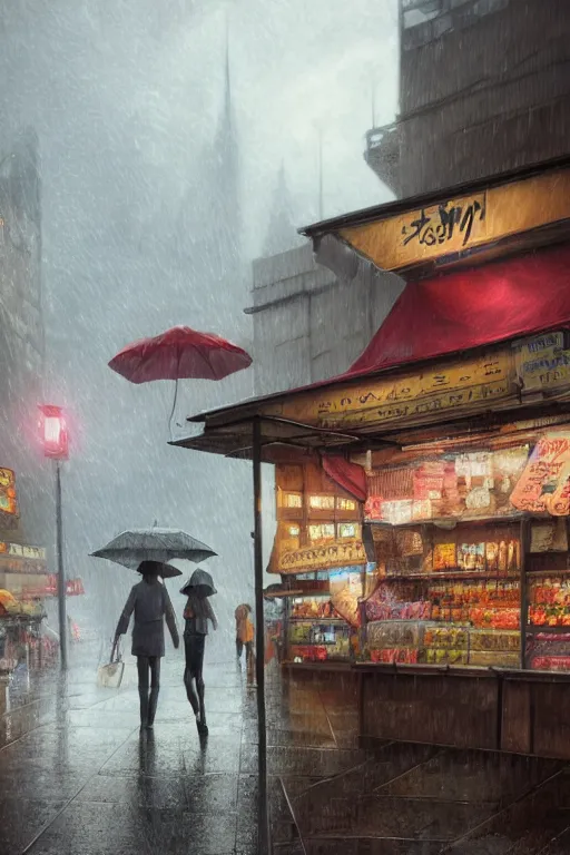 Prompt: a highly detailed matte painting of a single market stall with a sign in lightning storm and heavy rain by studio ghibli, makoto shinkai, by artgerm, by wlop, by greg rutkowski, volumetric lighting, octane render, 4 k resolution, trending on artstation, masterpiece