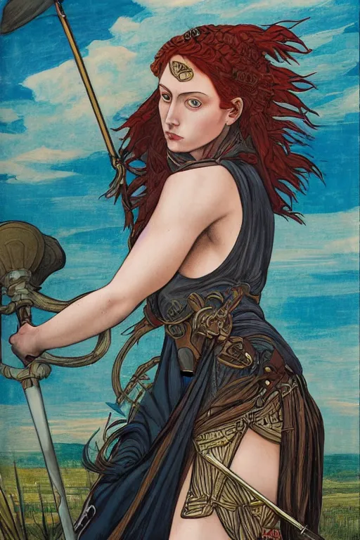 Image similar to boudica the barbarian queen, in a mixed style of Botticelli and Æon Flux, inspired by pre-raphaelite paintings and shoujo manga, a battlefield in the background, hyper detailed, stunning inking lines, stunning gradient colors, 4K photorealistic