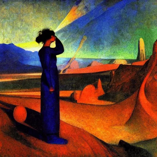 Image similar to a soul oppressed with solitude in the high desert sees hope, glowing with colored light, painting by Franz Marc, by Jean-Léon Gérôme, by Winsor McCay, today's featured photograph, 16K