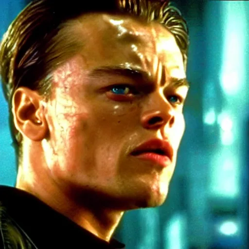 Prompt: extreme close - up of leonardo di caprio as a liquid metal police passing through iron bars in terminator 2