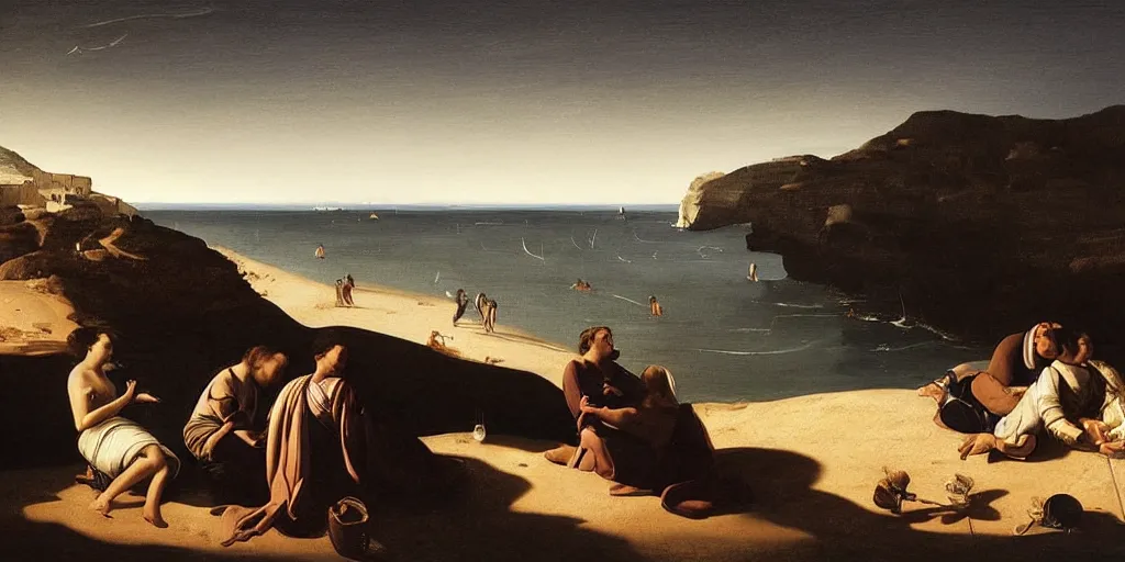 Image similar to beautiful oil matte portrait painting, people watching the stars at night on a portuguese cliff beach, wonderful masterpiece highly detailed, beautiful cinematic light deep focus, elegant, digital painting, smooth, sharp focus, golden ratio, dramatic illumination, ultra realistic, 8 k, art by artemisia lomi gentileschi and caravaggio