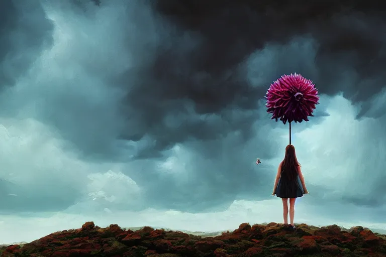 Image similar to closeup giant dahlia flower as head, girl standing on mountain, surreal photography, blue storm clouds, dramatic light, impressionist painting, digital painting, artstation, simon stalenhag