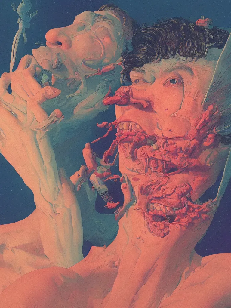 Image similar to a scifi closeup portrait of a young british man licking a blotter paper of LSD acid on his tongue and dreaming psychedelic hallucinations in cosmos, by kawase hasui, moebius, Edward Hopper and James Gilleard, Zdzislaw Beksinski, Steven Outram colorful flat surreal design, hd, 8k, artstation